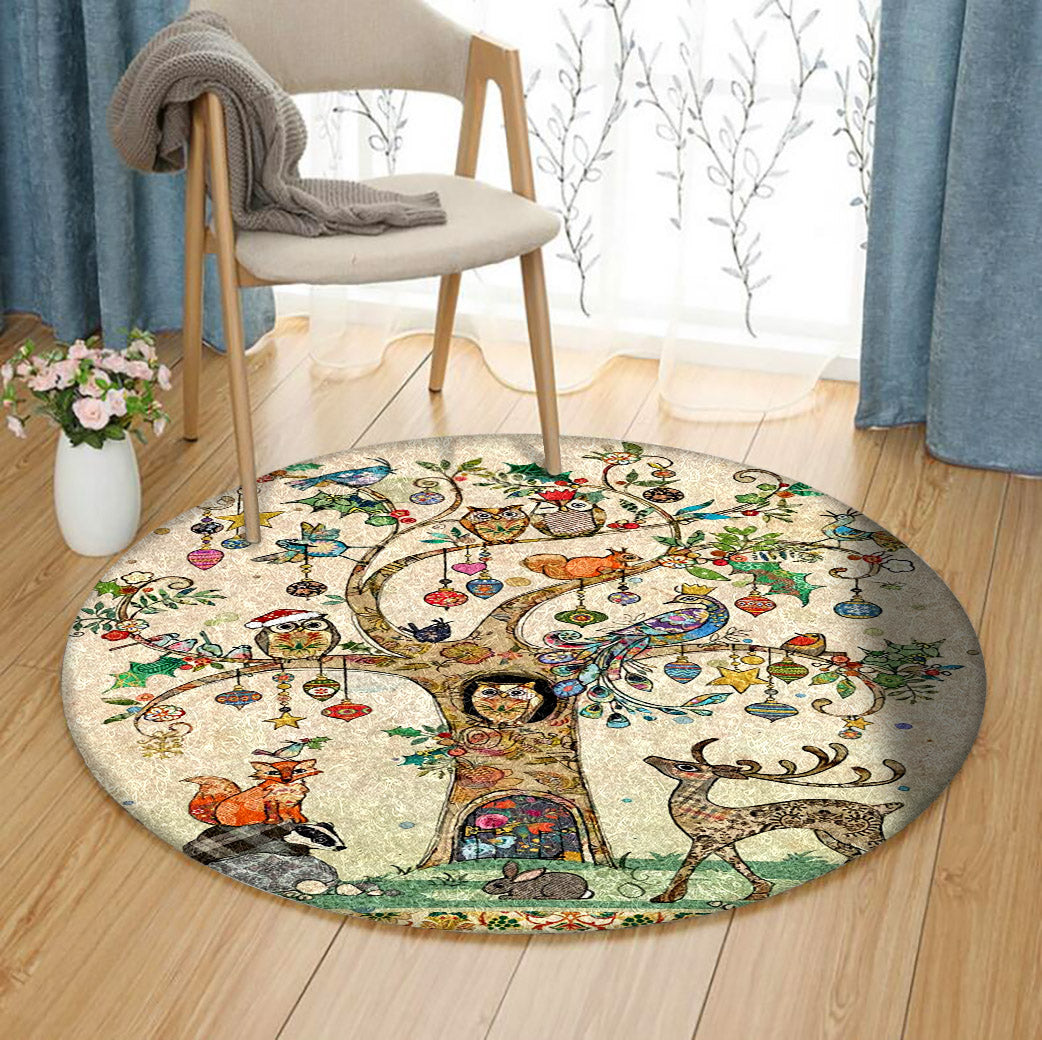 Christmas Tree Deer Owl Rabbit Fox Bird Peacock BT0711157RR Round Area Rug