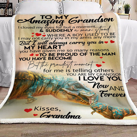 Dinosaurs To My Amazing Grandson Kisses Grandma CL16110121MDF Sherpa Fleece Blanket