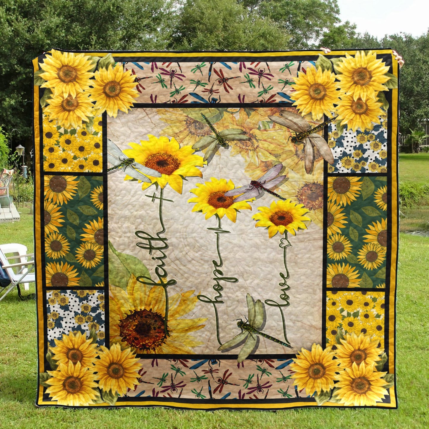 Faith Hope Love Dragonfly Sunflower Art Quilt TM041102