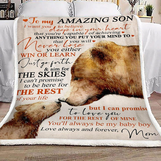 Family Bear To My Amazing Son Mom CL16110195MDF Sherpa Fleece Blanket