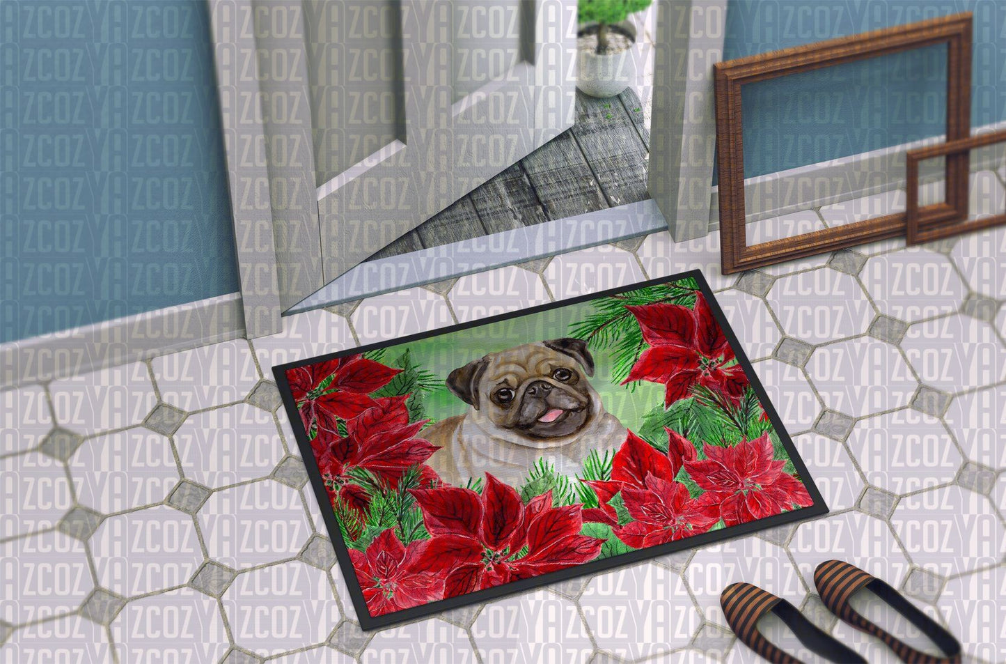 Fawn Pug Poinsettas CL22110427MDD Non-slip Door mats