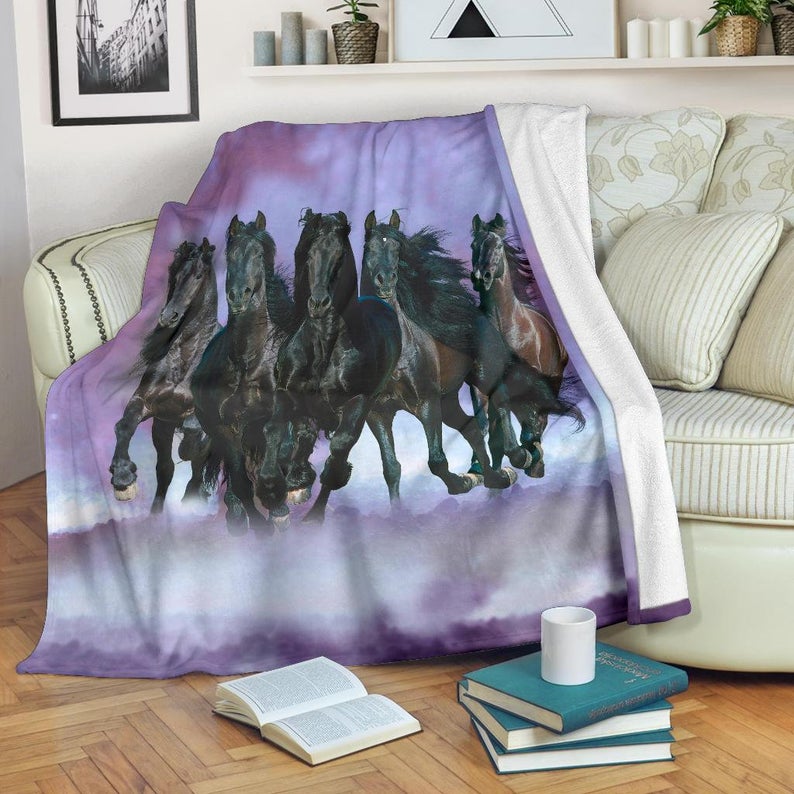 Five Black Horses Running CLM1810062S Sherpa Fleece Blanket
