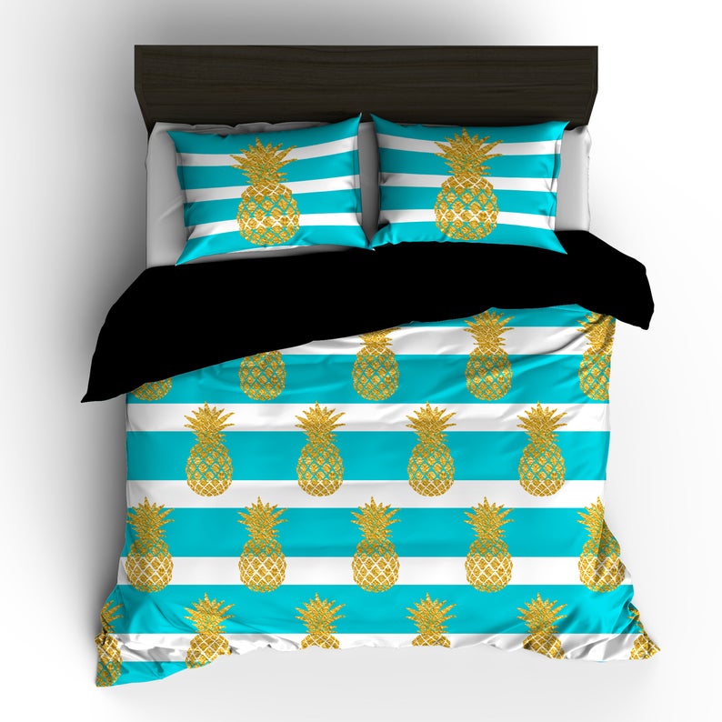Gold Foil Look Pineapple Bedding Turquoise And White Stripe With Simulated Pineapple Foil CLT0910072T Bedding Sets