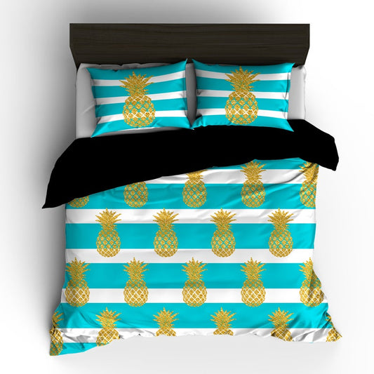 Gold Foil Look Pineapple Bedding Turquoise And White Stripe With Simulated Pineapple Foil CLT0910072T Bedding Sets