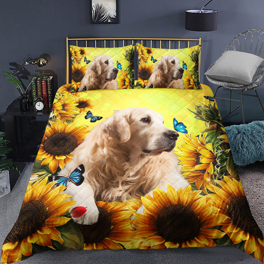 Golden Retriever Sunflower And Butterfly Quilt Bedding Set TL021008