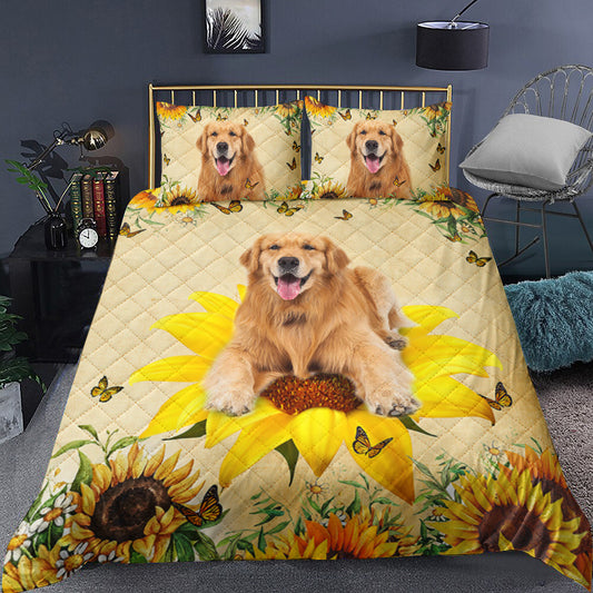 Golden Retriever Sunflower Quilt Bedding Set TL240904