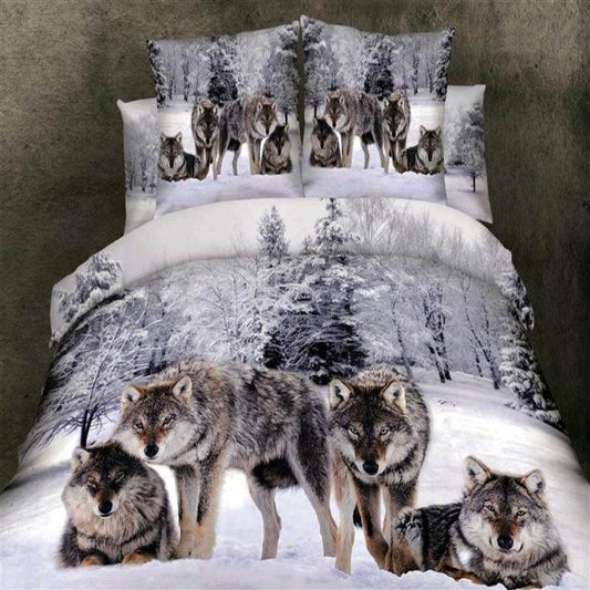 Grey White And Brown Wild Animal Wolf Print On Snow CLA1210267B Bedding Sets