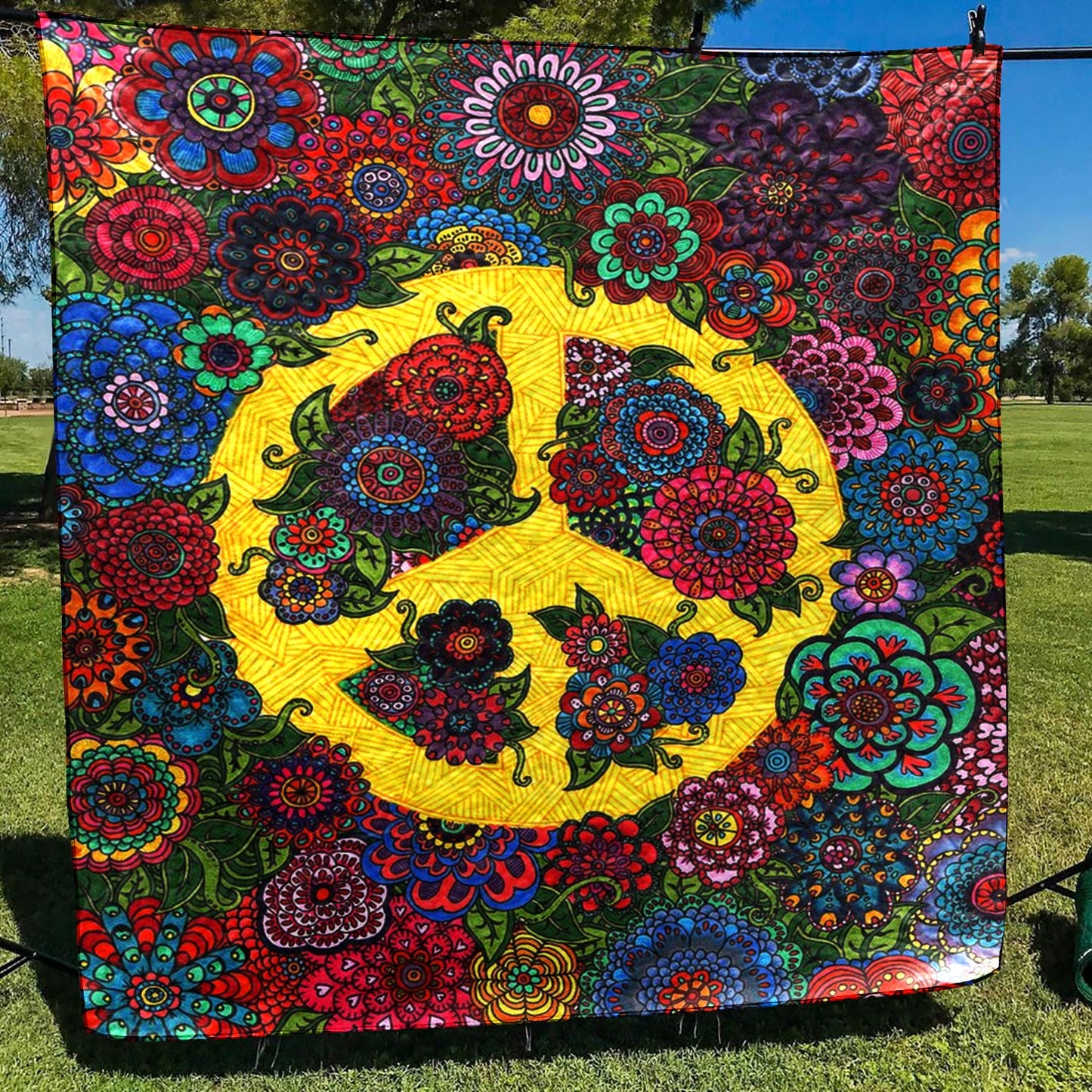 Hippie Floral Peace Quilt Blanket HN170603M