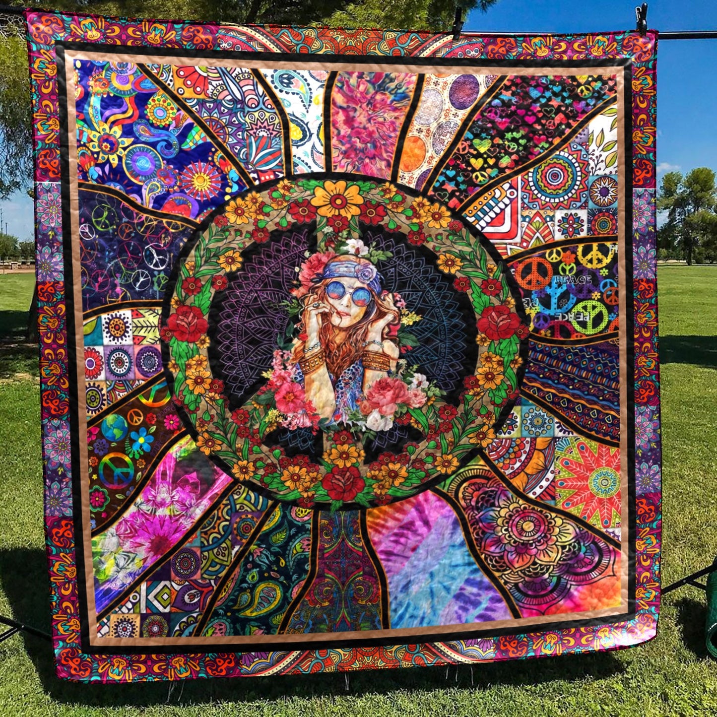 Hippie Floral Peace Sign CLA31100815Q Quilt Blanket