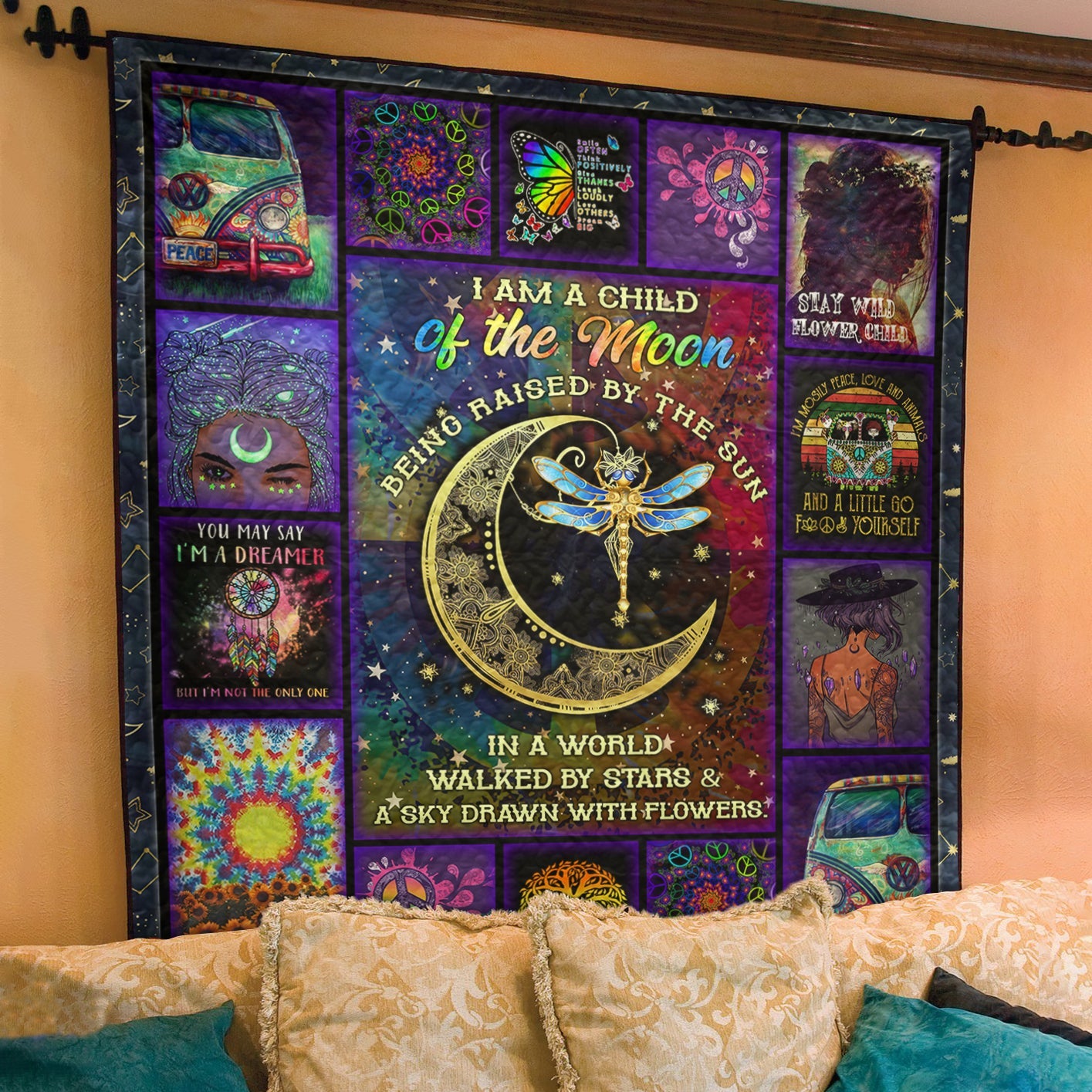 Hippie Moon Child Dragonfly Quilt Blanket TL270602Y