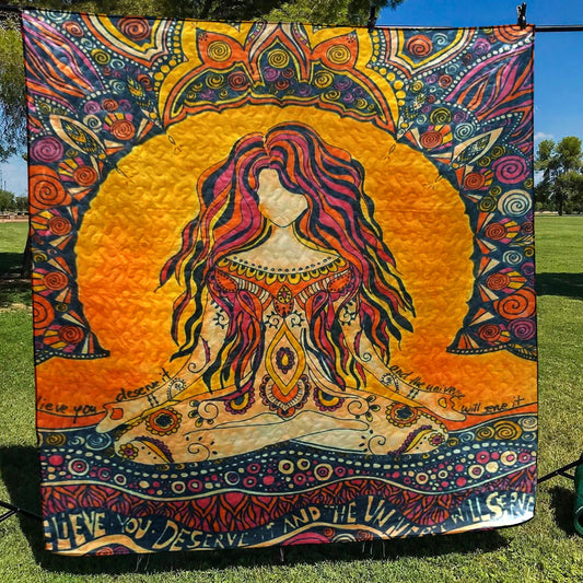 Hippie Woman Meditating Quilt Blanket HN240606M