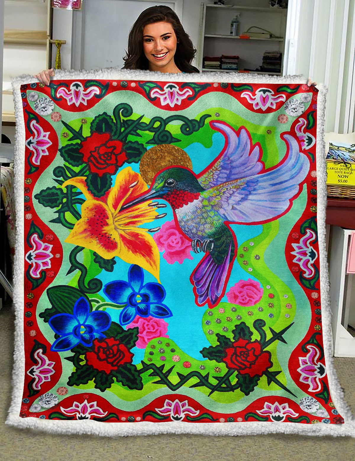 Hummingbird Flowers ND201003 Sherpa Fleece Blanket