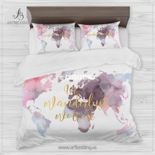 In Wanderlust We Trust Serene Watercolor World Map CL25100323MDB Bedding Sets