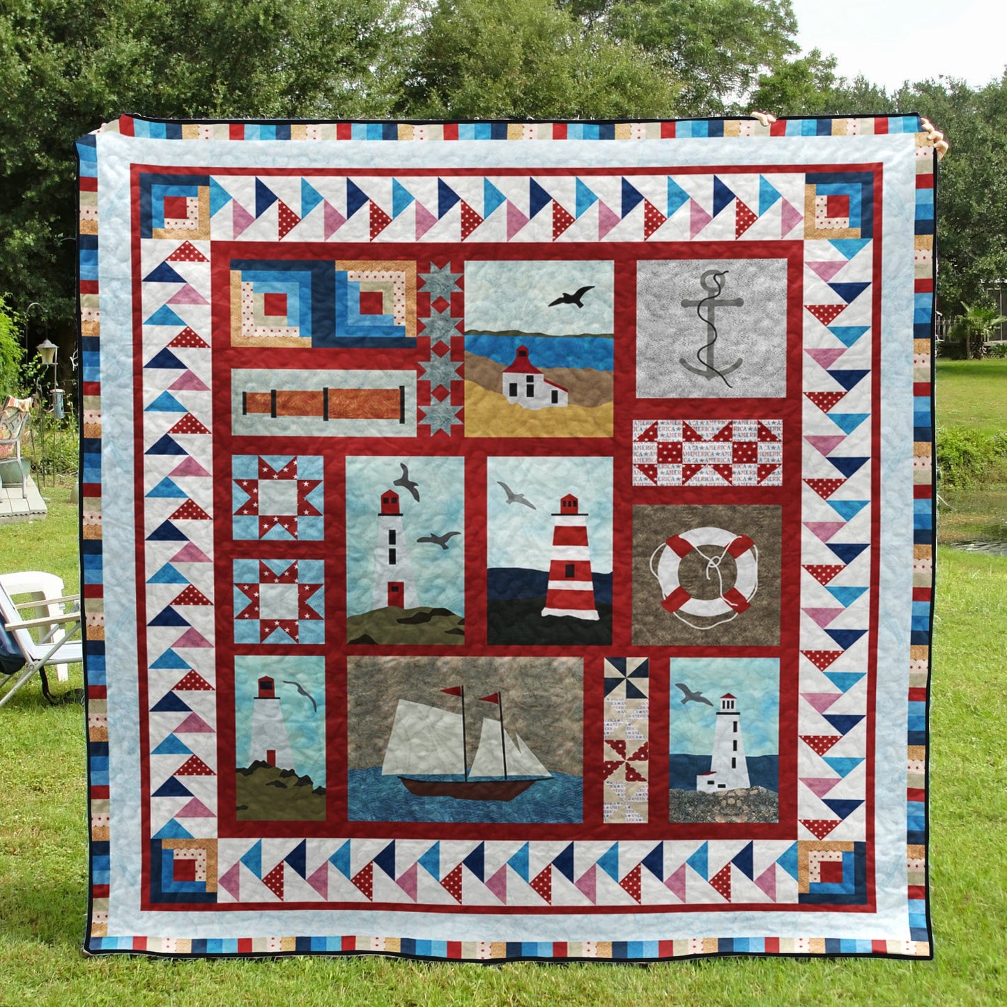 Patriotic Lighthouse Quilt Blanket HN100605M