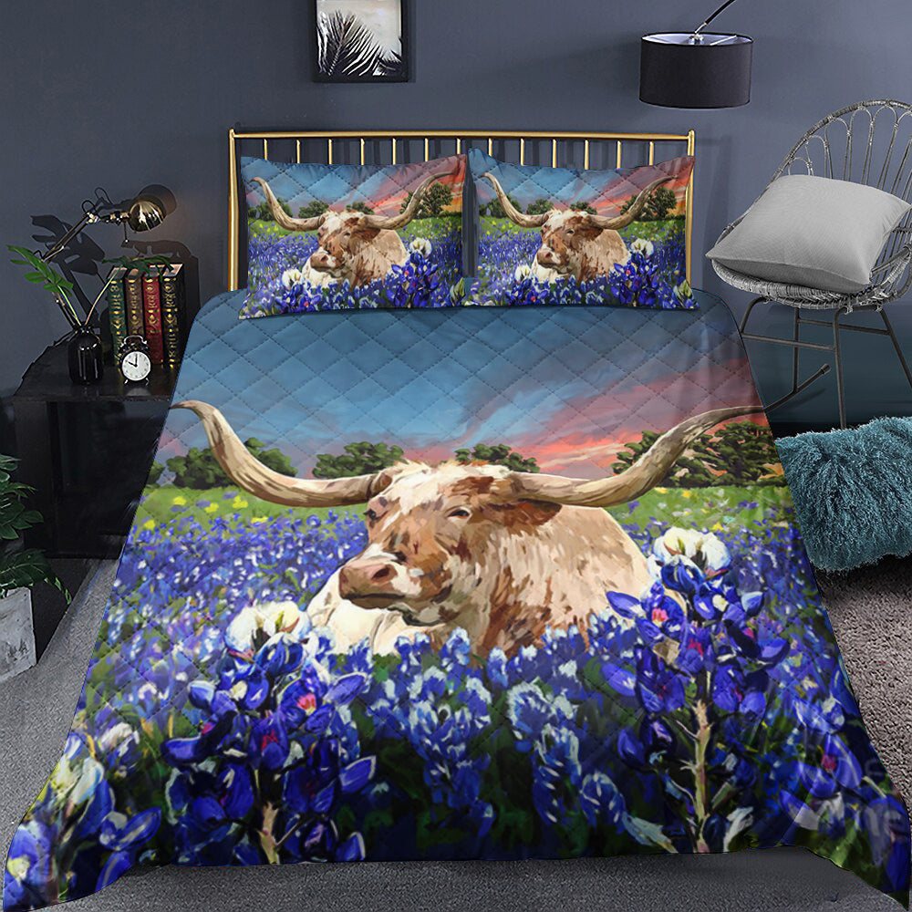 Longhorn In Bluebonnets Quilt Bedding Set TL300907