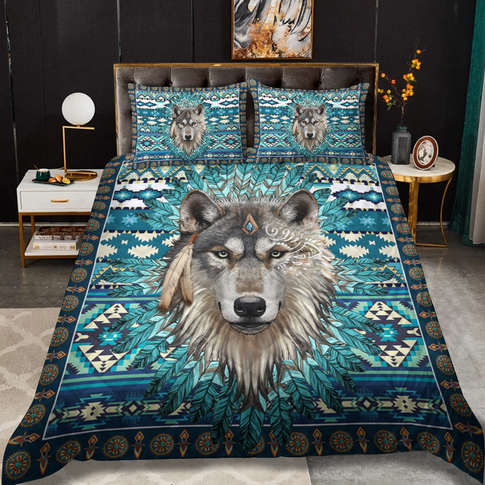 Native American Inspired Flowers Wolf Quilt Bed Sheet MT230503M