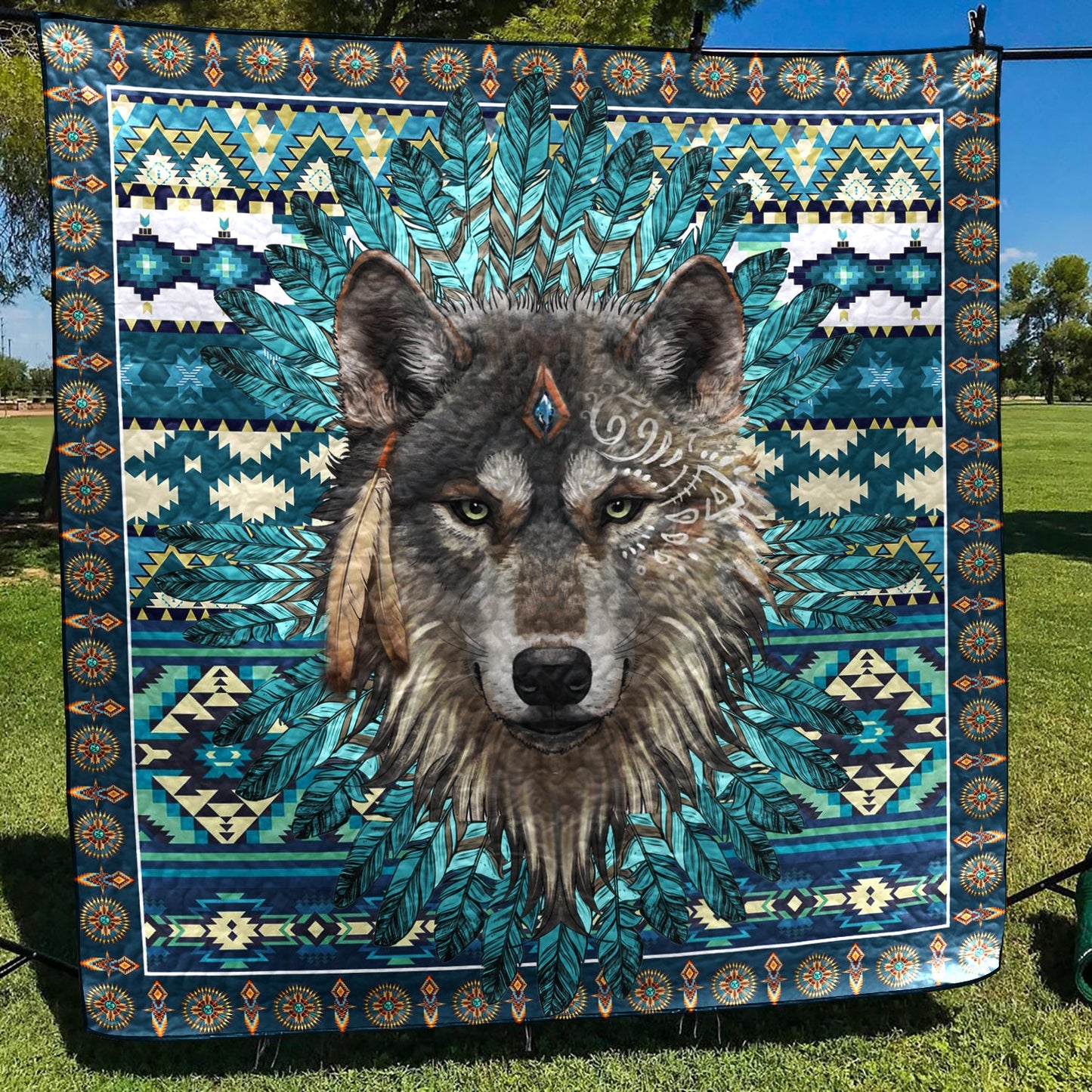 Native American Inspired Flowers Wolf Art Quilt MT190502M