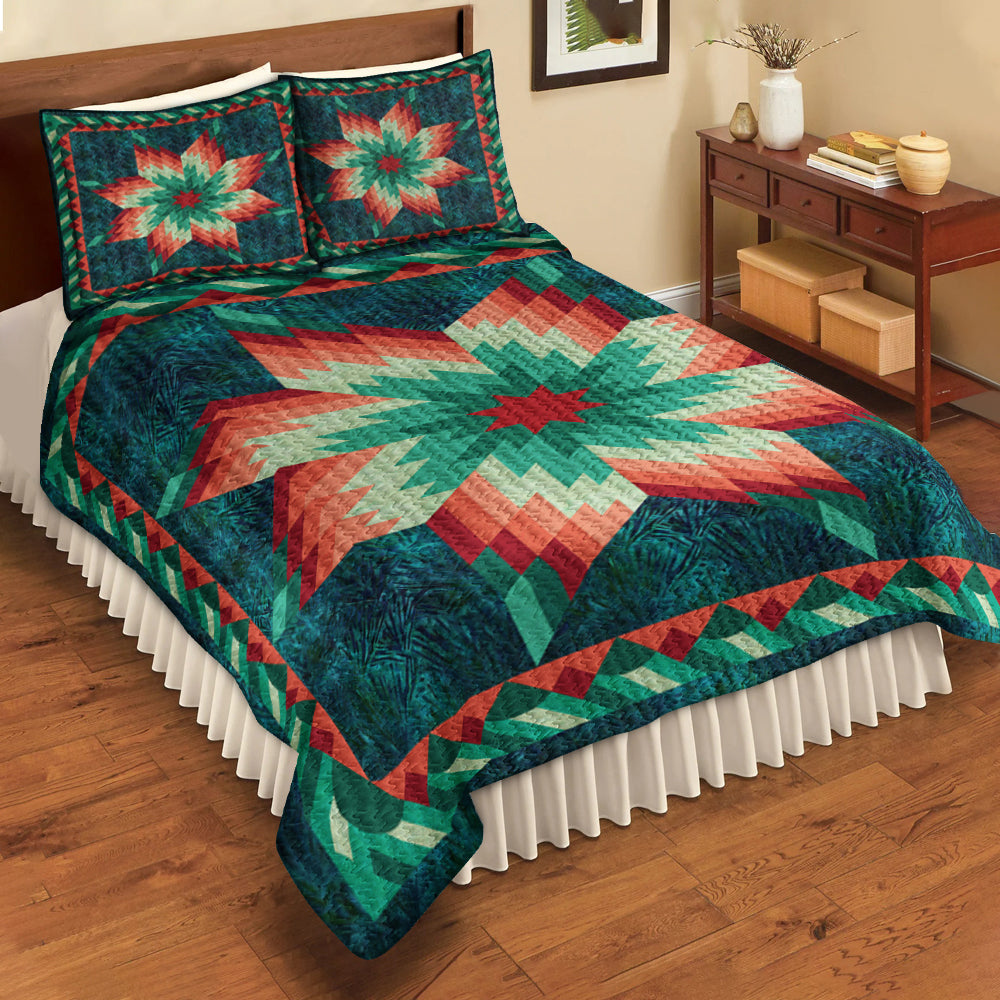 Native American Inspired Star Green Quilt Bedding Set HN310504MBS