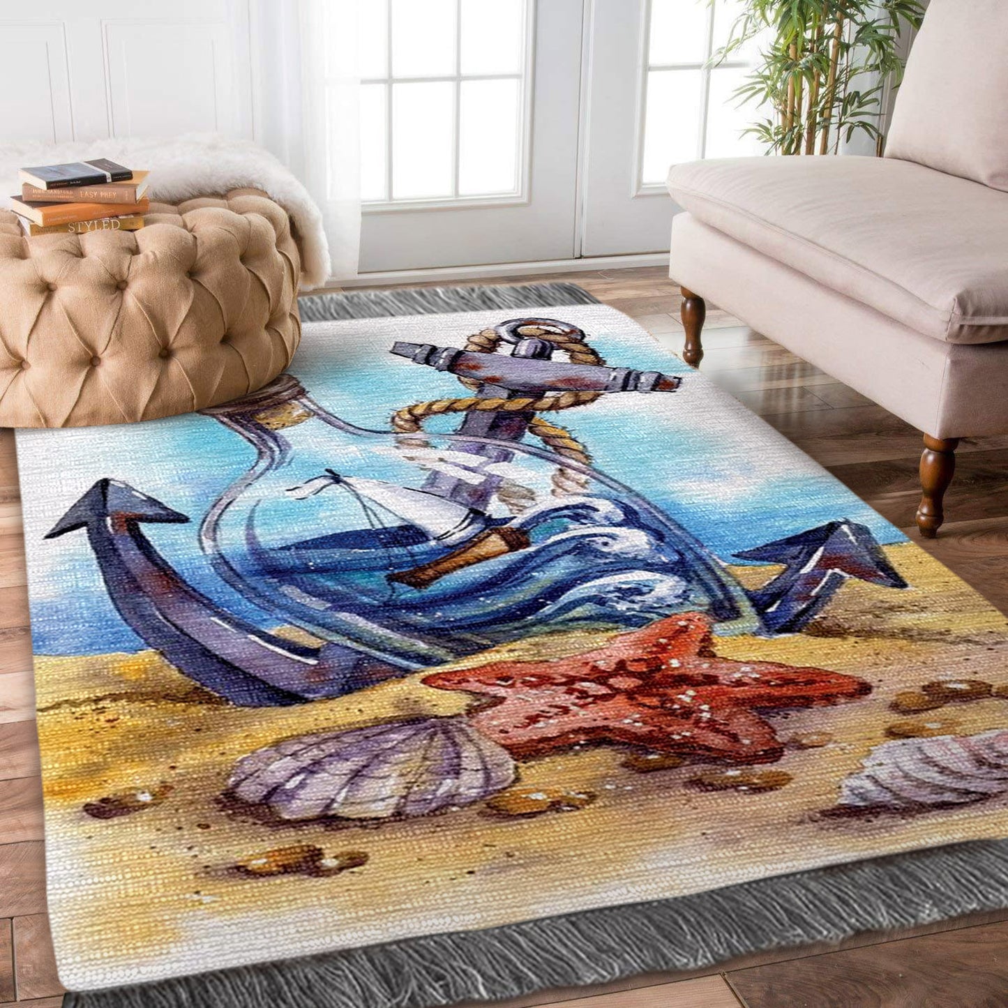 Nautical Anchor Starfish Sailboat On The Beach HT1910181F Decorative Floor-cloth