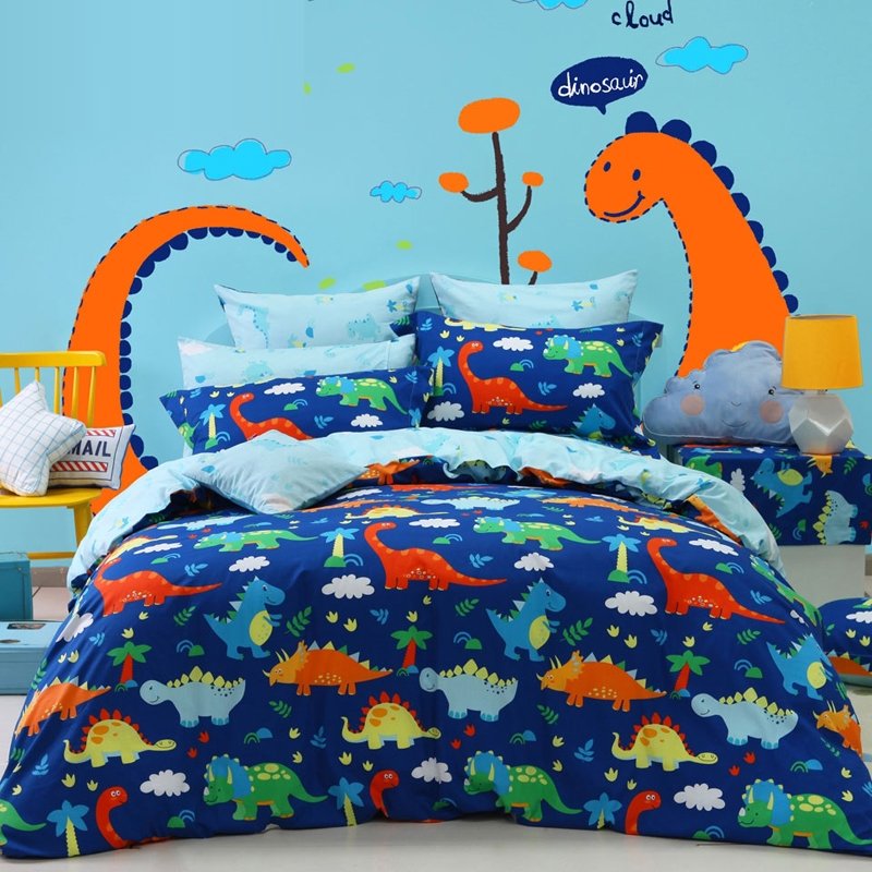 Navy Blue Orange Green And Yellow Dinosaur Print Jungle Animal CLA1210330B Bedding Sets