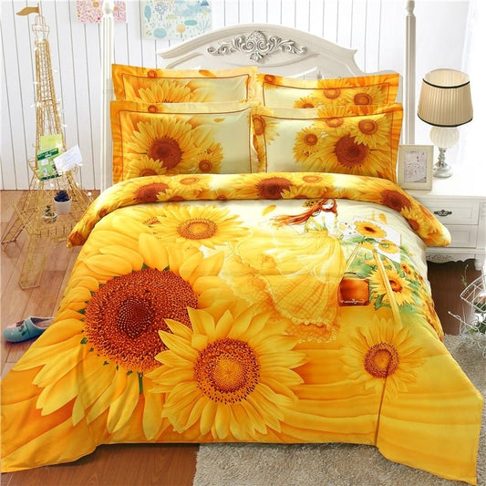 Orange Yellow And White Girl And Sunflower Print Princess Style Stylish And Elegant CLA1210352B Bedding Sets