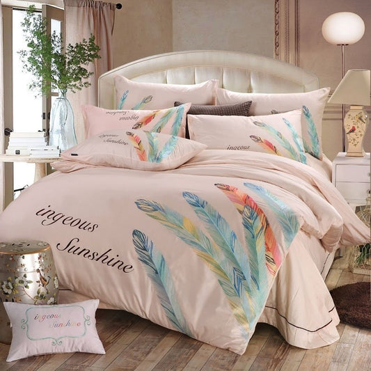 Pale Pink Peacock Blue And Orange Feather Pattern Monogrammed Hipster Style CLA1210356B Bedding Sets
