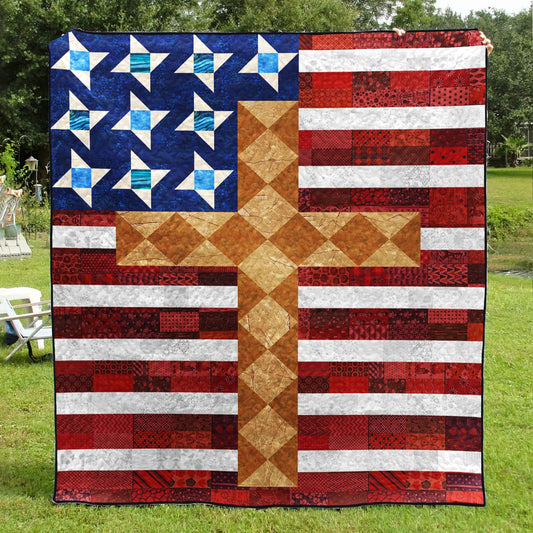 Patriotic American Christian Cross Quilt Blanket TL070601Y