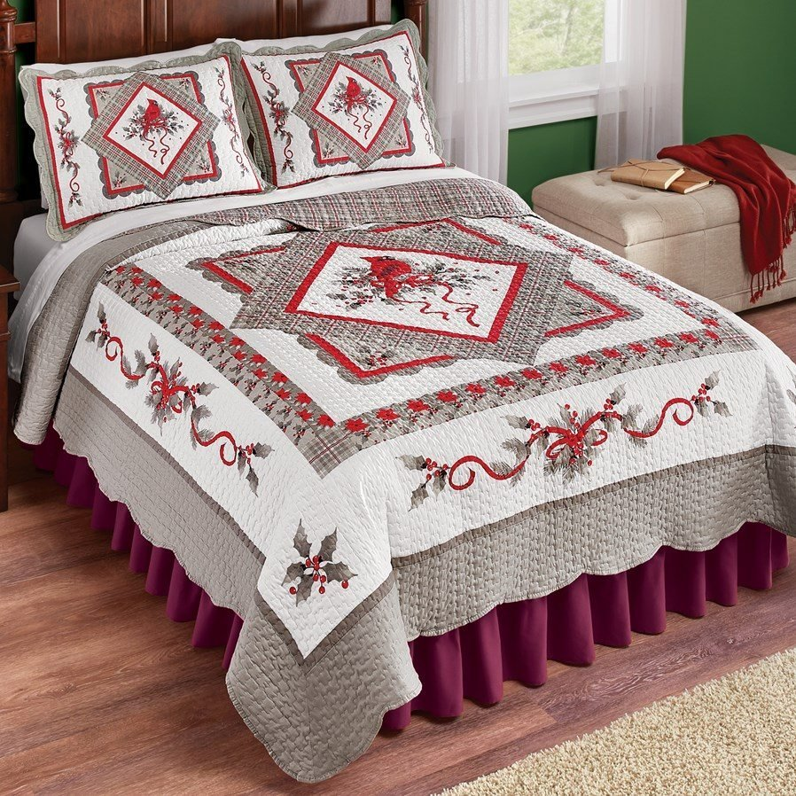 Peaceful Silver And White Holiday Cardinal CLH2110119B Quilt Bedding Set