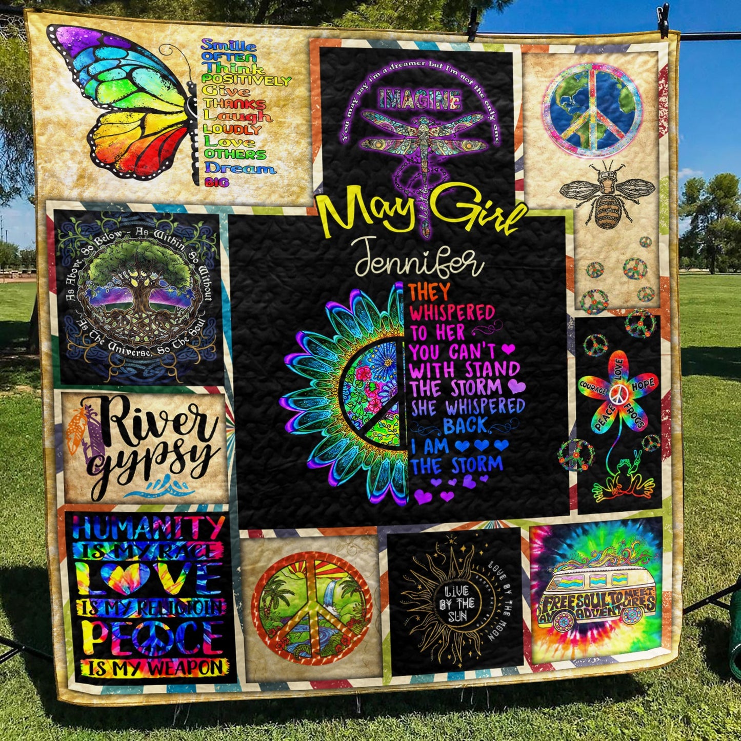 Personalized Girl Peace Love Hippie Quilt Blanket TL280605Y