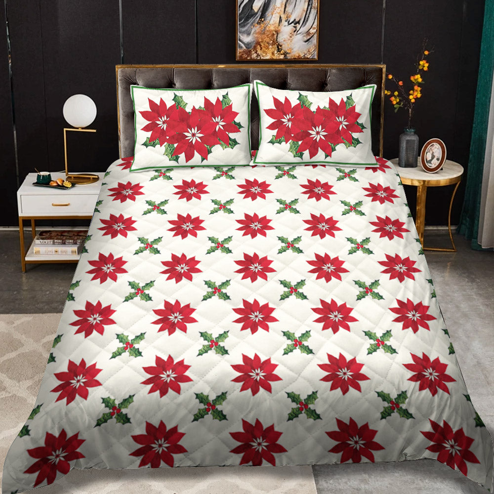 Poinsettia And Holly Christmas CLH2110122B Quilt Bedding Set