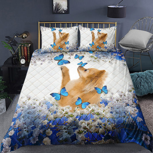 Pomeranian Blue And White Flowers Quilt Bedding Set TL180911