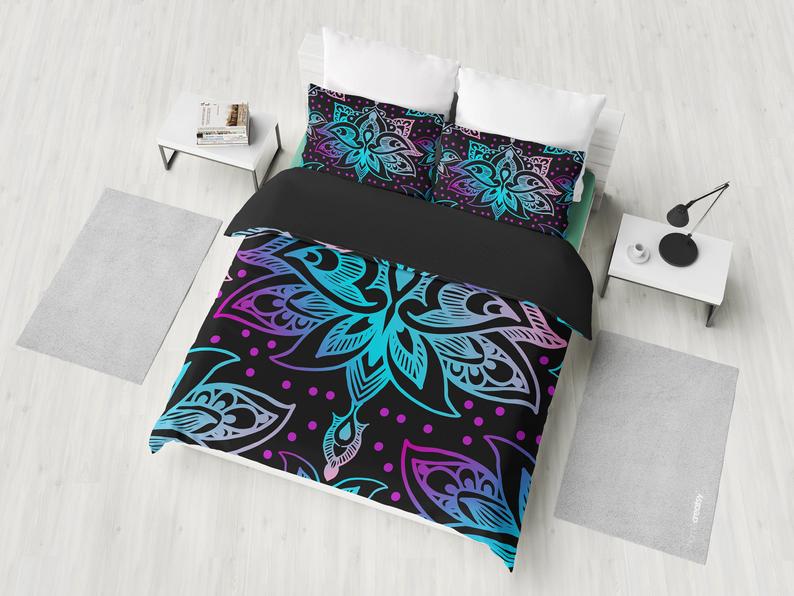 Purple Pink Blue Floral Black CLH1010316B Bedding Sets
