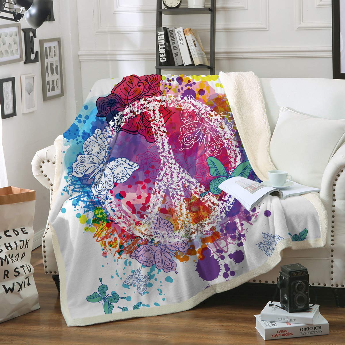 Rainbow Butterfly Peace Sign CLP1010081T Sherpa Fleece Blanket