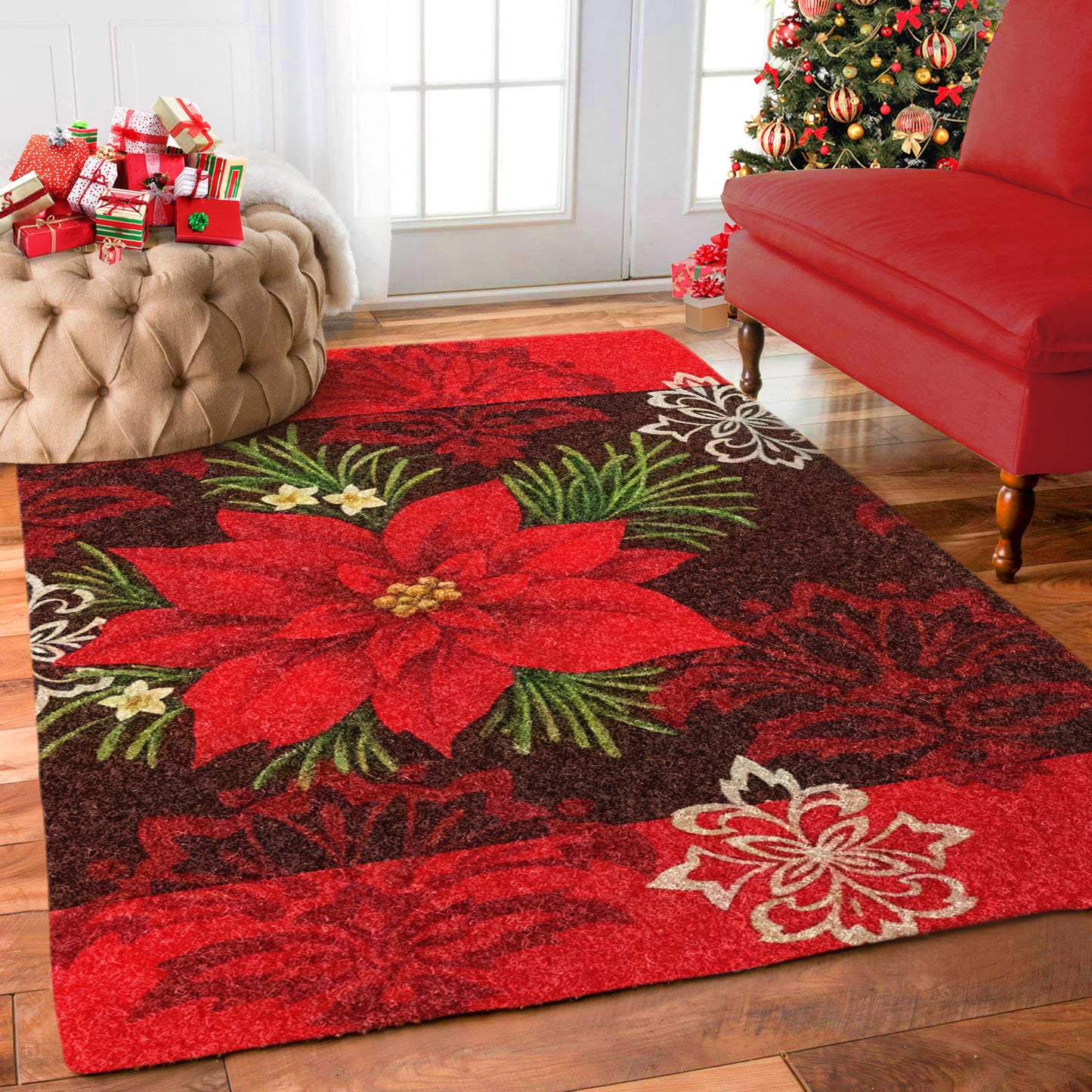 Red Poinsettia Flower HT1111069M Rug