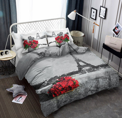 Red Rose and Eiffel Tower Grey Printed 3D CLA22100633B Bedding Sets
