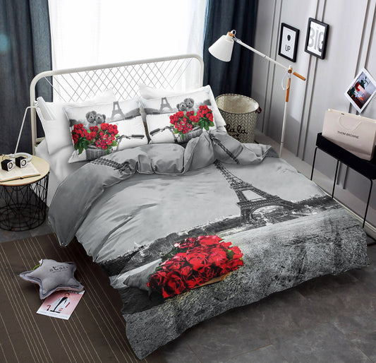 Red Rose and Eiffel Tower Grey Printed 3D CLA22100633B Bedding Sets
