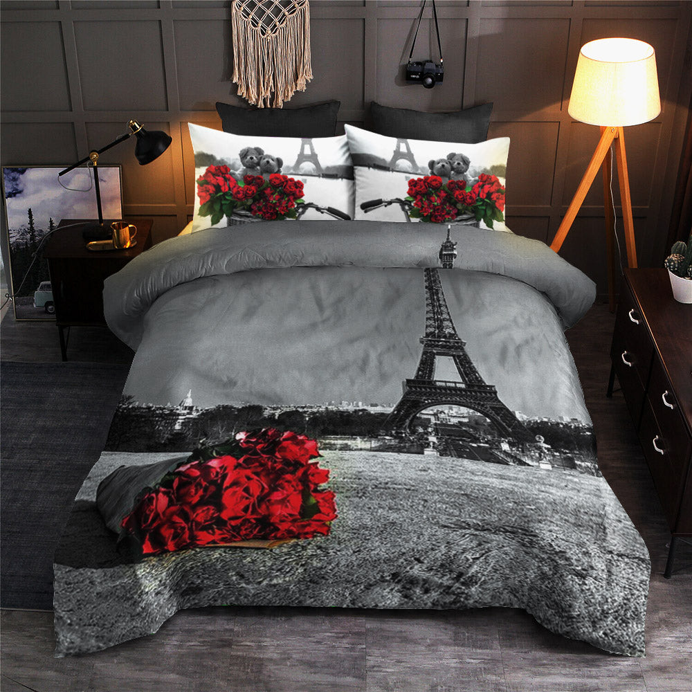 Red Rose and Eiffel Tower Grey Printed 3D CLA22100633B Bedding Sets