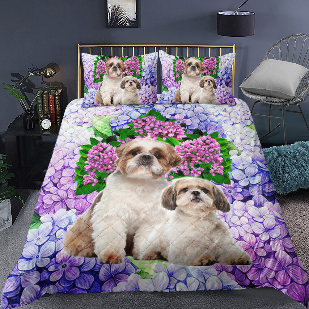 Shih Tzu Love Purple FLower Quilt Bedding Set TL240911