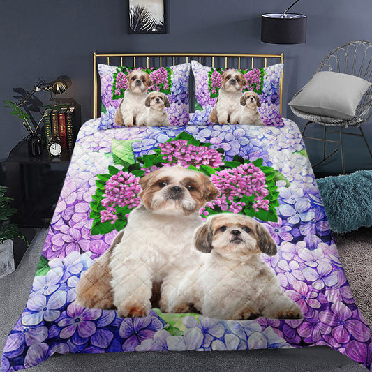 Shih Tzu Love Purple FLower Quilt Bedding Set TL240911