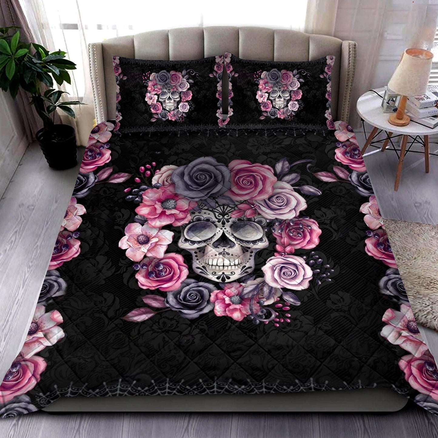 Skull And Flower Quilt Bedding Set ND290910