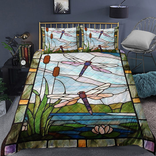 Stained Glass Dragonfly Quilt Bedding Set TL230907