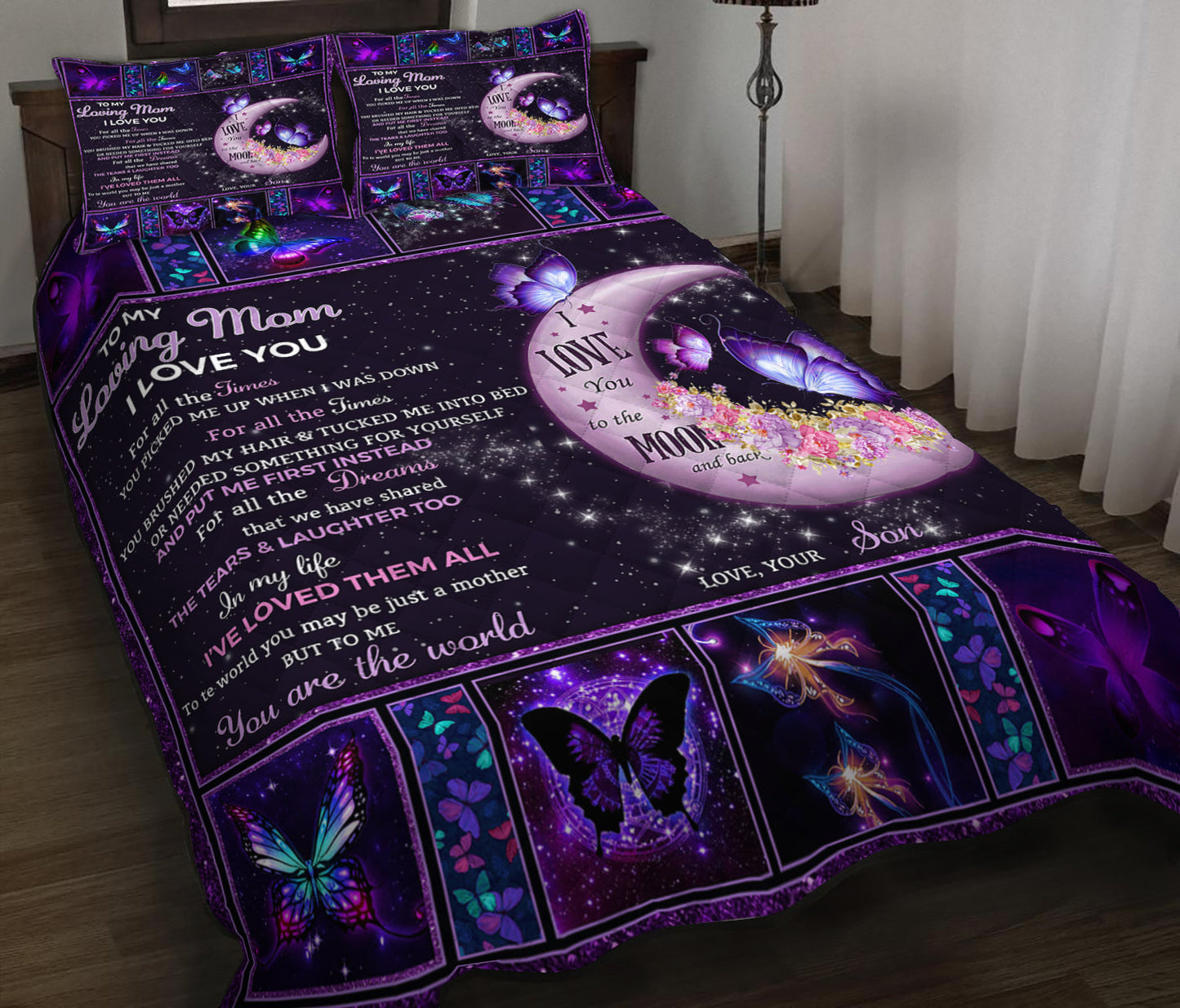 To My Mom I Love You To The Moon And Back Butterfly Quilt Bedding Set HN11042313QB