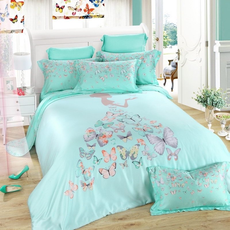 Turquoise Grey And Pink Butterfly Print Little Girl Pattern Contemporary Modern Princess CLA1210482B Bedding Sets