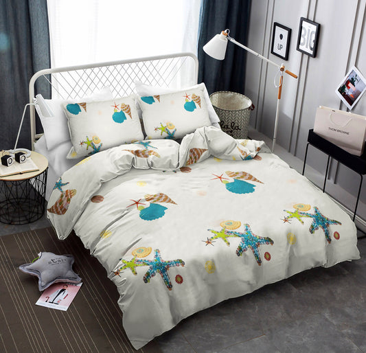 Turquoise Lime Yellow And Cream Starfish And Seashell Print Tropical Beach CLA1210484B Bedding Sets