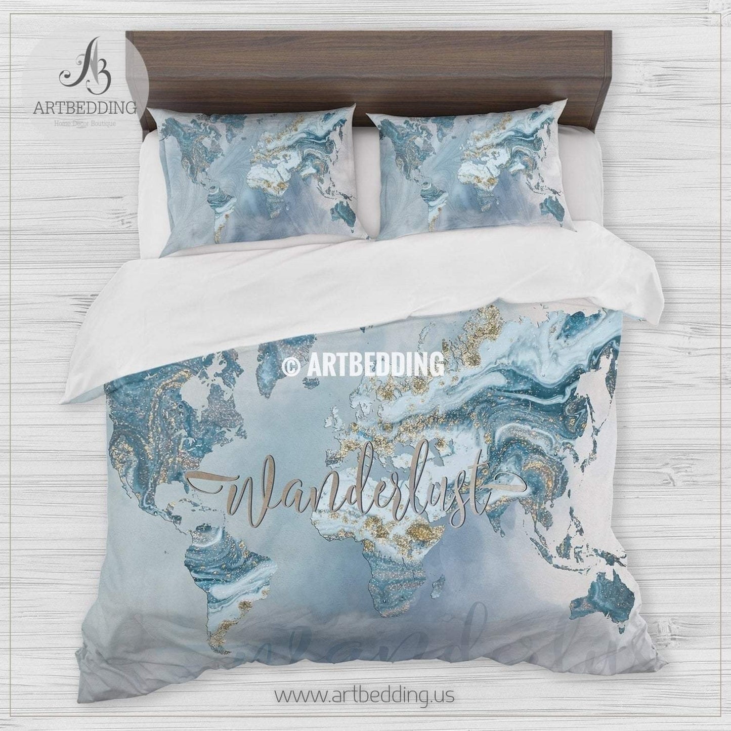 Wanderlust Blue And Gold Marble Summer Vibes World Map CL25100585MDB Bedding Sets