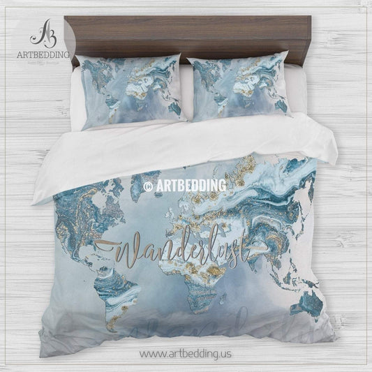 Wanderlust Blue And Gold Marble Summer Vibes World Map CL25100585MDB Bedding Sets