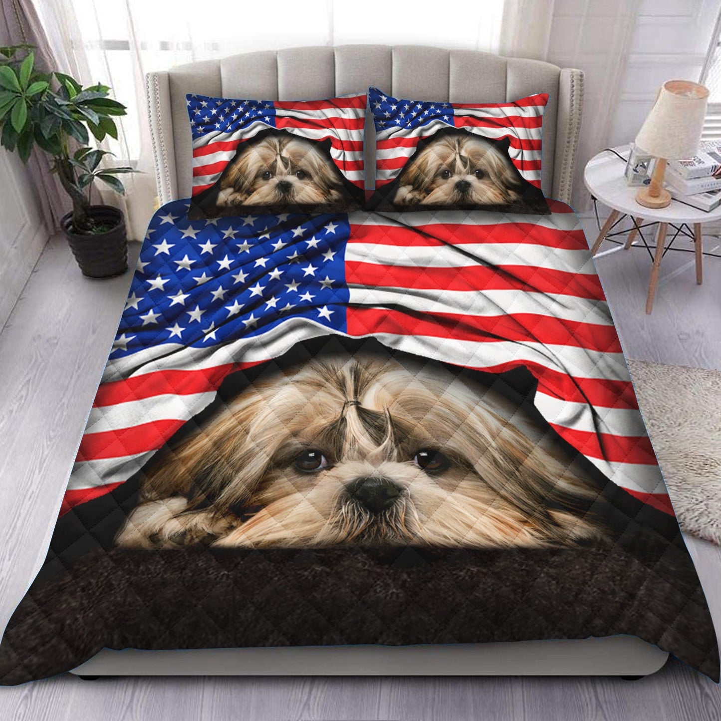 Shih Tzu American Flag Quilt Bedding Set HM170901T