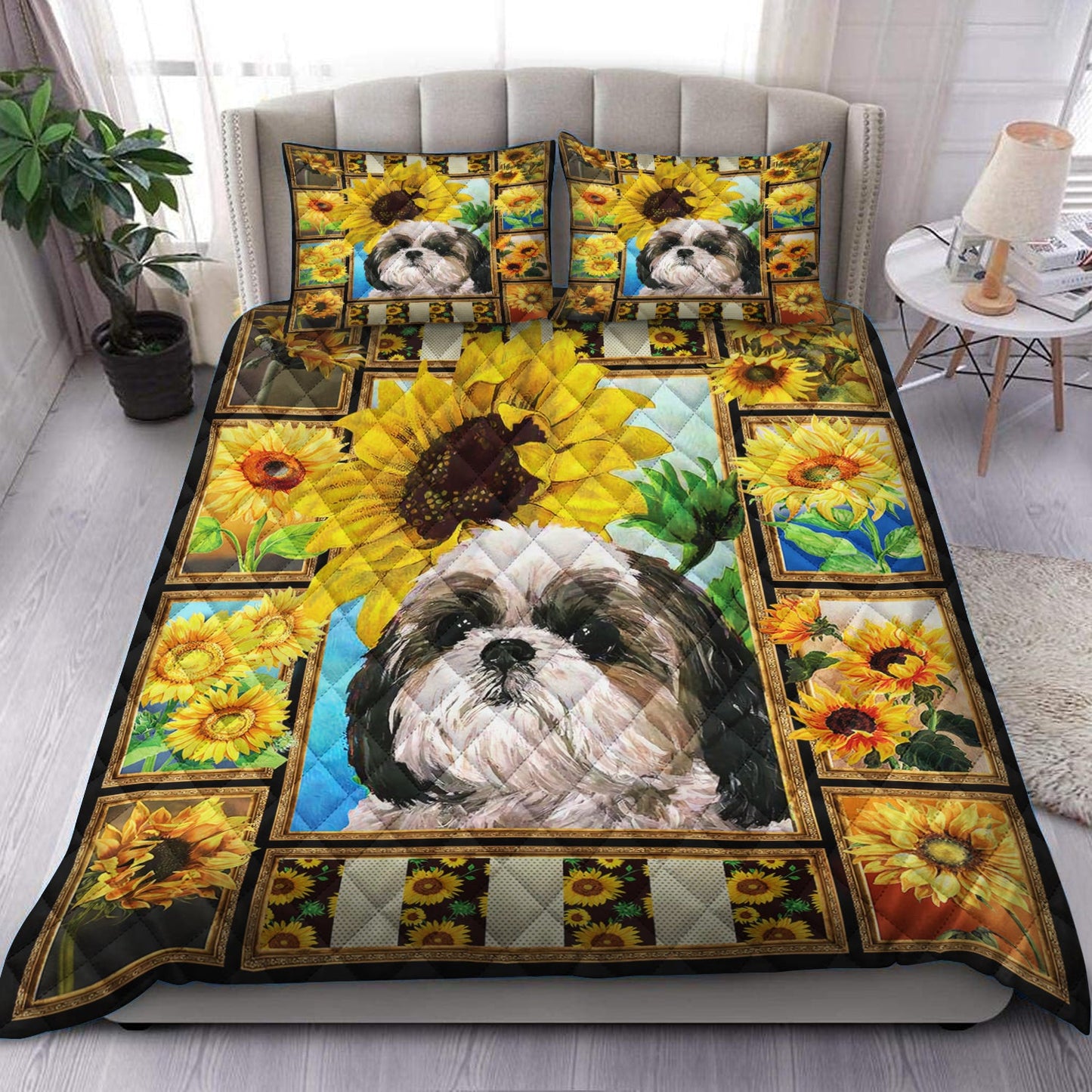 Sunflower And Shih Tzu Quilt Bedding Set HM270903T