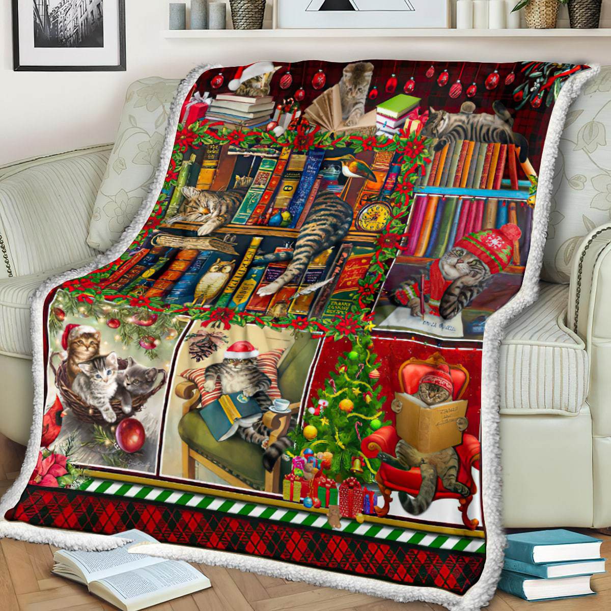 Cat And Book Christmas Sherpa Fleece Blanket HM261001T