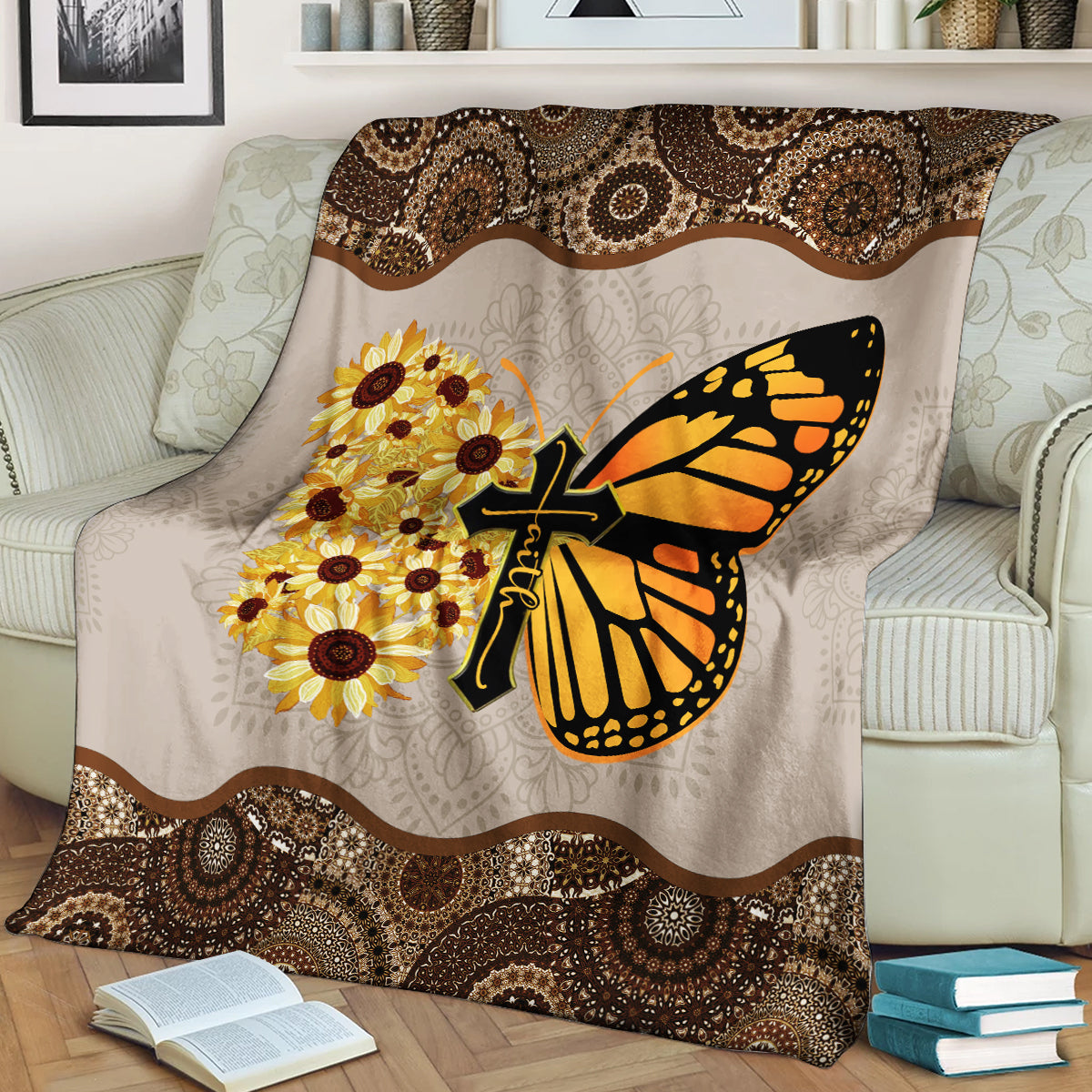 Butterfly Faith Christian Cross Sherpa Fleece Blanket HM131002T